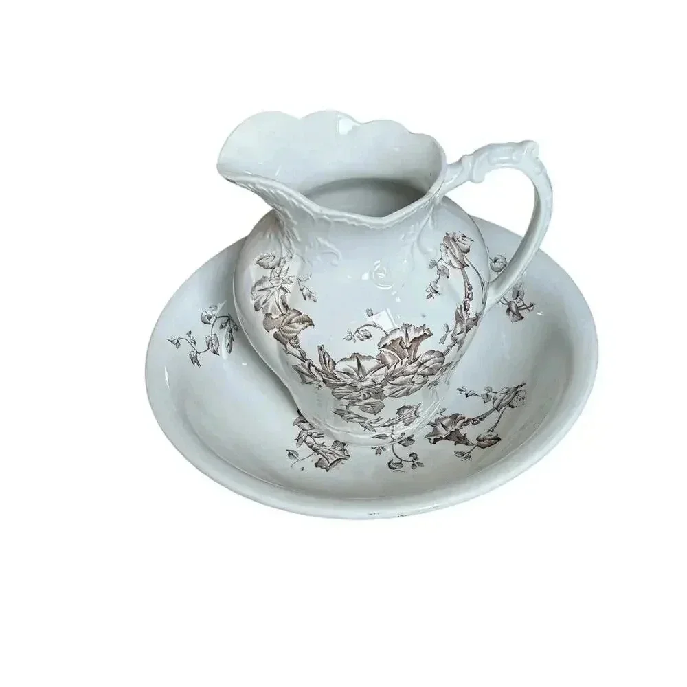Antique Brown Transfer Ironstone Wash Bowl And Pitcher Morning Glory Pattern